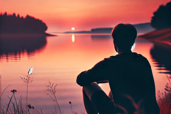 A person sits quietly by a lake at sunset, immersed in contemplation and surrounded by soft grass and wildflowers, symbolizing moments of spiritual reflection and peace.