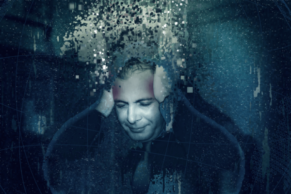 Distressed man holding his head, surrounded by fragmented and pixelated effects symbolizing overthinking and mental overload.