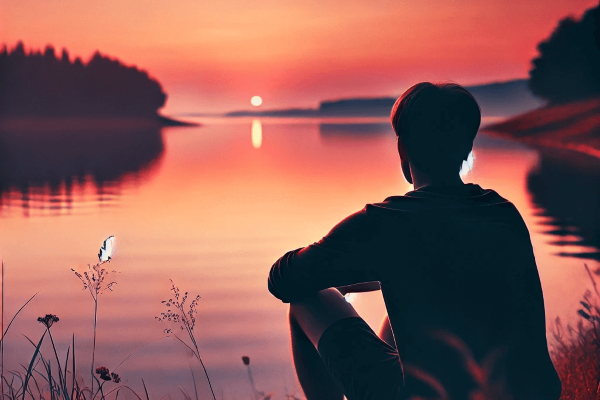 A person sits quietly by a lake at sunset, immersed in contemplation and surrounded by soft grass and wildflowers as they begin Discovering Redemption: Restoring Heart and Mind Through God’s Love